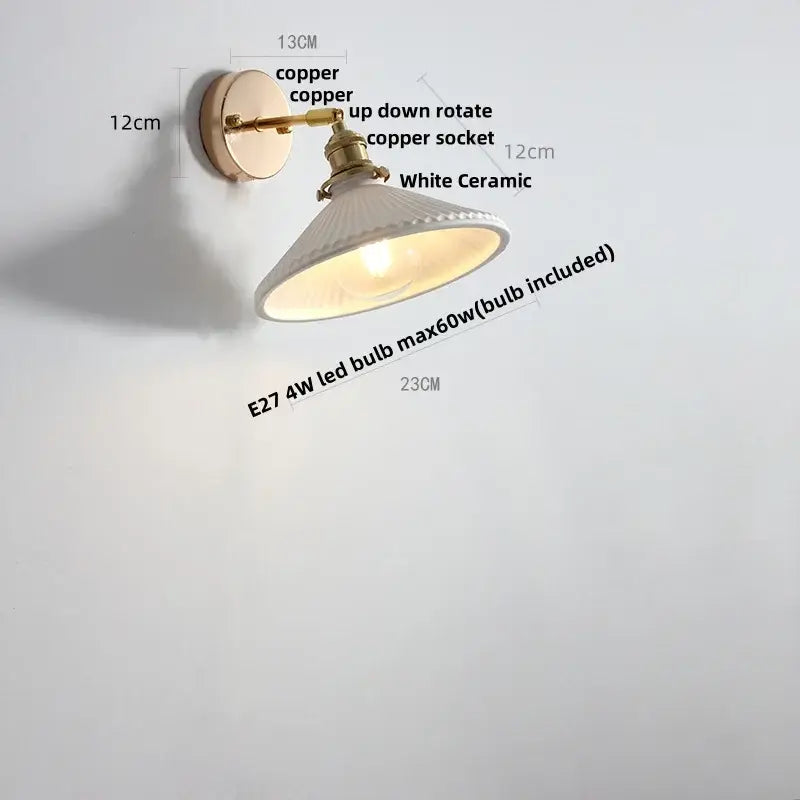 Modern Nordic copper wall lights with white ceramic shade featuring subtle vertical ridges for bedroom decorbites ceramic wall decor