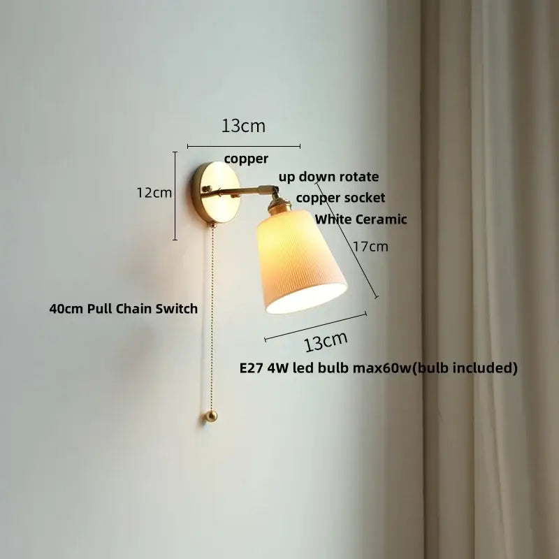 Modern nordic copper-finished wall lights with white ceramic lampshade and adjustable pull chain decorbites ceramic wall lights