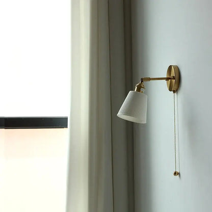 Modern nordic brass wall light with white ribbed ceramic shade and pull chain for bedroom decorbites ceramic wall lights