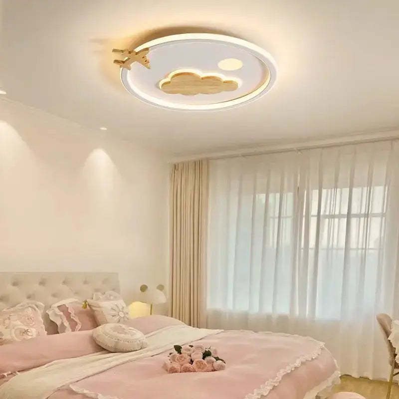 Round ceiling decorbites cloud lamp with white frame and wooden airplane cutouts for modern nordic bedroom decor