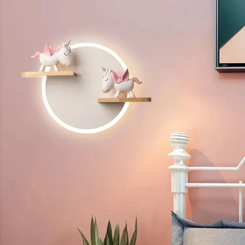Modern nordic white led wall lamp with wooden shelves and two white unicorn figurines for bedroom decorbites led wall lamp