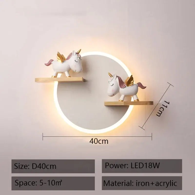Modern nordic white led wall lamp with gold accent unicorn sconce and wooden shelves illuminated by circular led light ring