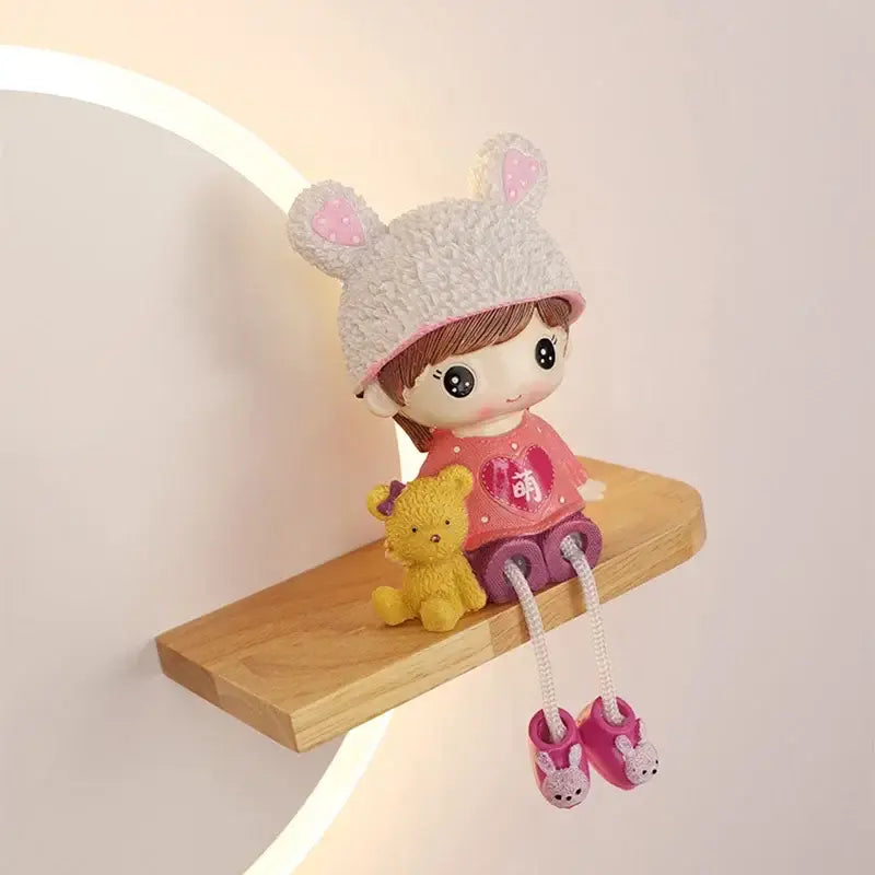 A modern nordic white led wall lamp with wooden shelves features a gray bunny figurine and yellow teddy bear decorbites led wall lamp