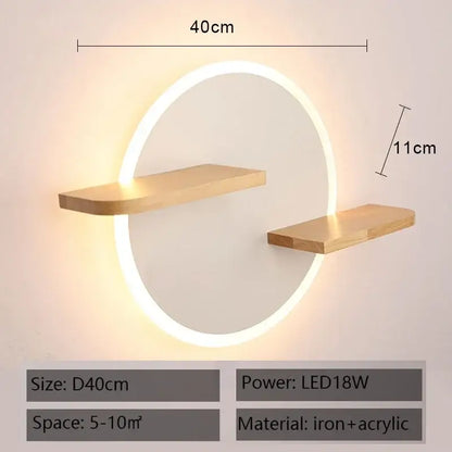 Modern nordic white led wall lamp with circular light and two floating wooden shelves made from iron and acrylic for bedroom decorbites led wall