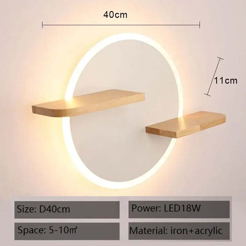 Modern nordic white led wall lamp with circular light and two floating wooden shelves made from iron and acrylic for bedroom decorbites led wall