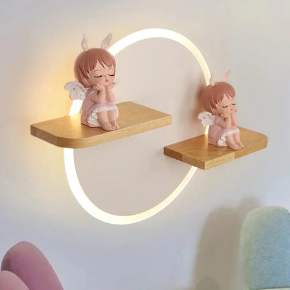 Modern nordic white led wall lamp with wooden shelves featuring cute pink angel figurines for bedroom decorbites led wall decor