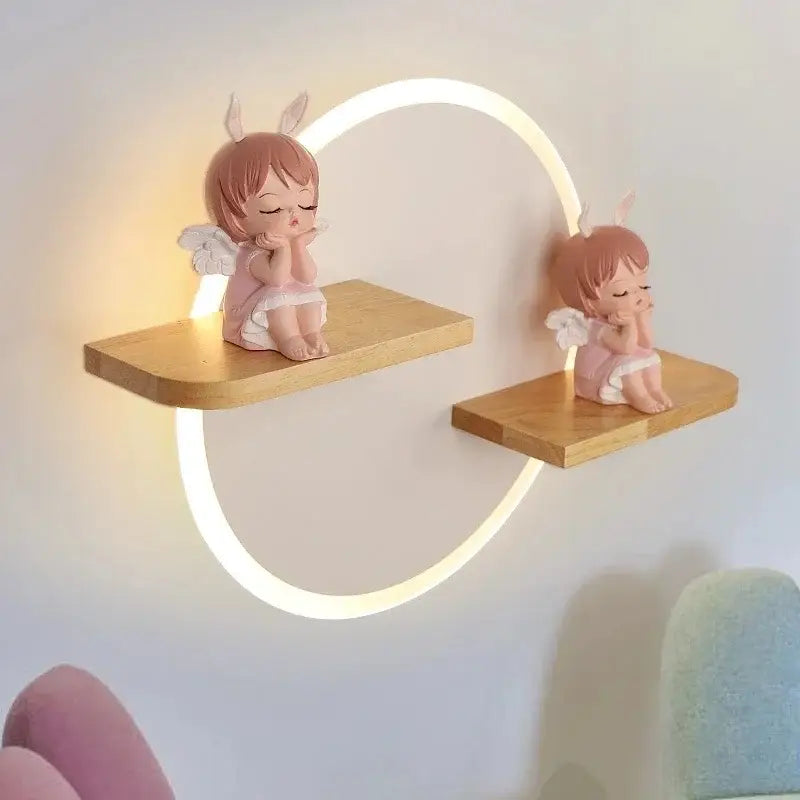 Modern nordic white led wall lamp with wooden shelves featuring cute pink angel figurines for bedroom decorbites led wall decor