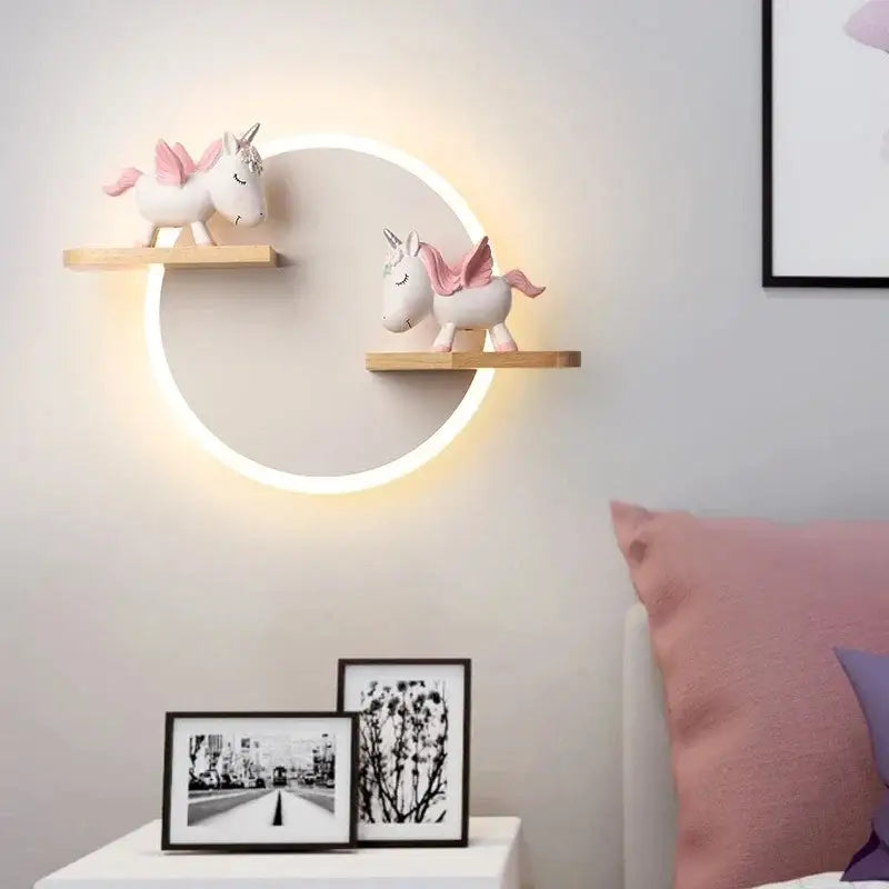 Modern nordic white led wall lamp with wooden shelves and warm glow featuring unicorn decorbites led wall figurines