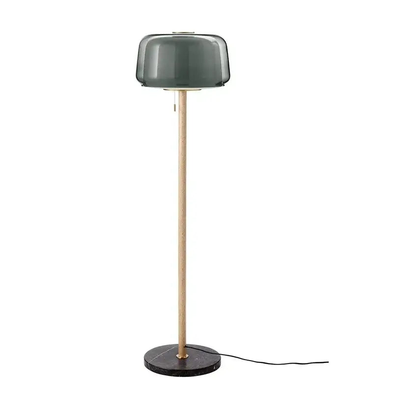 Modern nordic wood and glass floor lamp with dark gray smoked glass shade and black marble base for living room