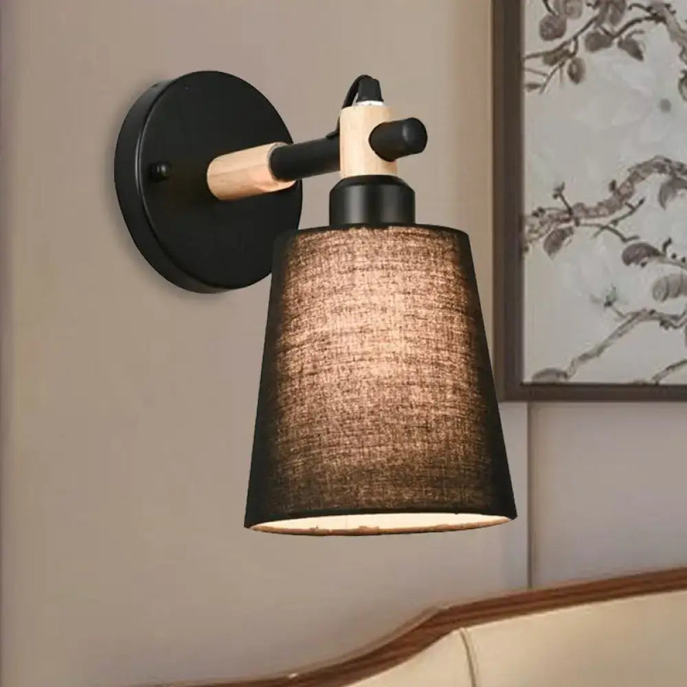 Modern nordic wood wall lamp with black wooden arm and textured brown horn shade for bedroom sconce lighting with light bulb