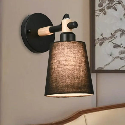 Modern nordic wood wall lamp with black wooden arm and textured brown horn shade for bedroom sconce lighting with light bulb