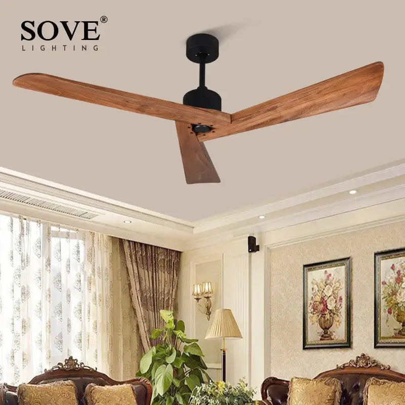 Modern off white 60 inch sove wood ceiling fan with three wooden blades and black motor housing for living room use