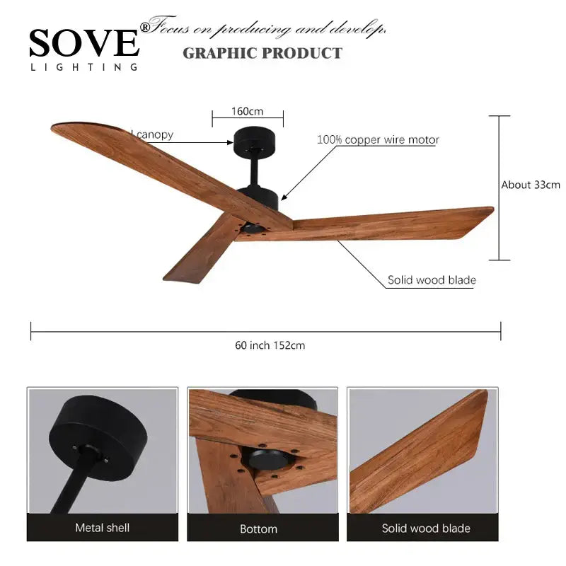 Modern off white 60 inch wood ceiling fan with solid wood blades and black metal motor housing for living room use