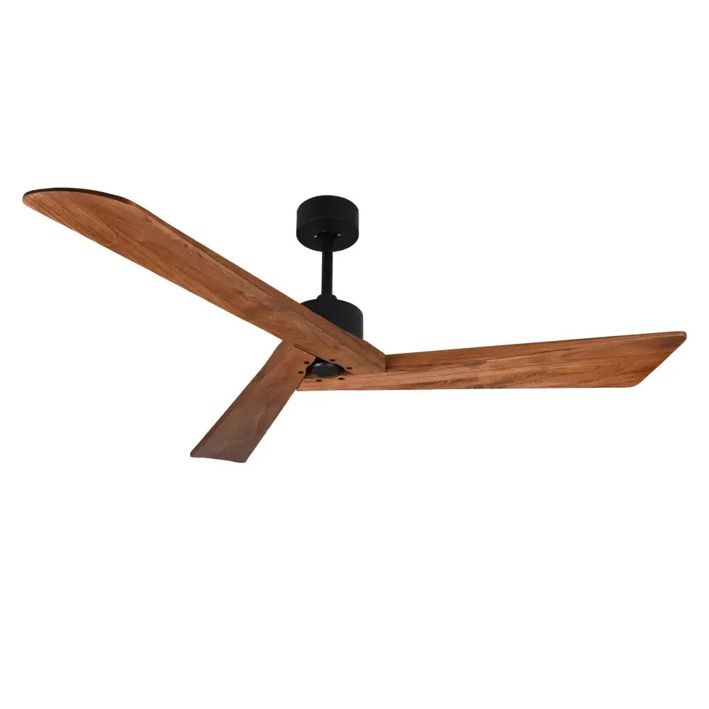 Modern off white 60 inch wood ceiling fan with three medium brown wooden blades and matte black motor housing for living room