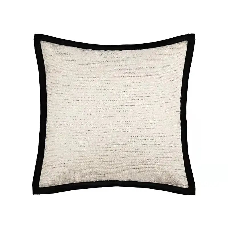 Square cushion cover with textured off-white fabric and bold decorbites black stripe jaquard border for living room decor
