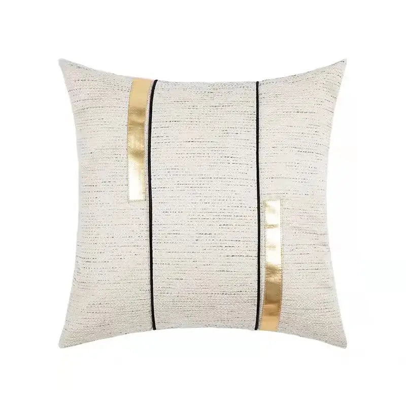 Modern off-white cushion cover with gold metallic stripes and black stripe jaquard piping for living room decorbites decor