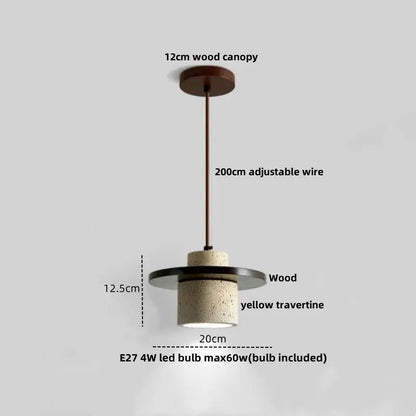Modern off white cave stone led pendant light with yellow travertine cylindrical body and 12cm wood canopy by decorbites cave stone
