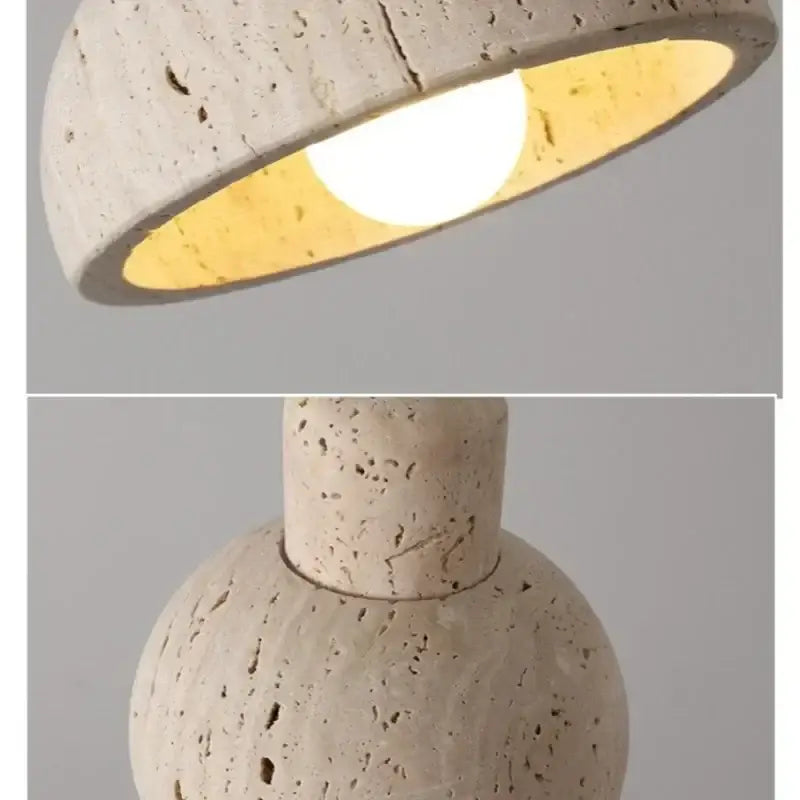 Modern off white decorbites cave stone led pendant light with beige textured concrete and warm yellow interior glow
