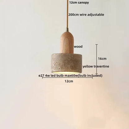 Modern off white cave stone led pendant light with warm wooden canopy and textured yellow travertine shade by decorbites cave stone