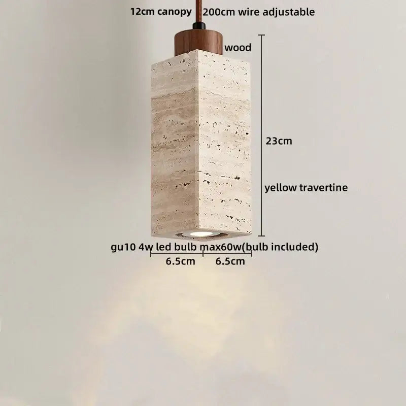 Modern off white cave stone led pendant light with yellow travertine body and wooden canopy featuring gu10 led bulb decorbites cave stone