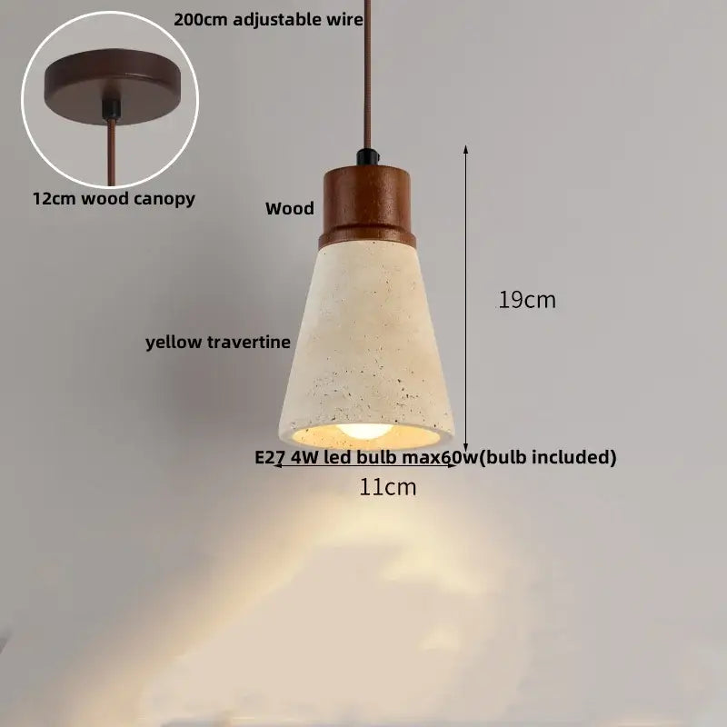 Modern off white cave stone led pendant light with a warm-toned yellow travertine shade and dark wood canopy decorbites cave stone
