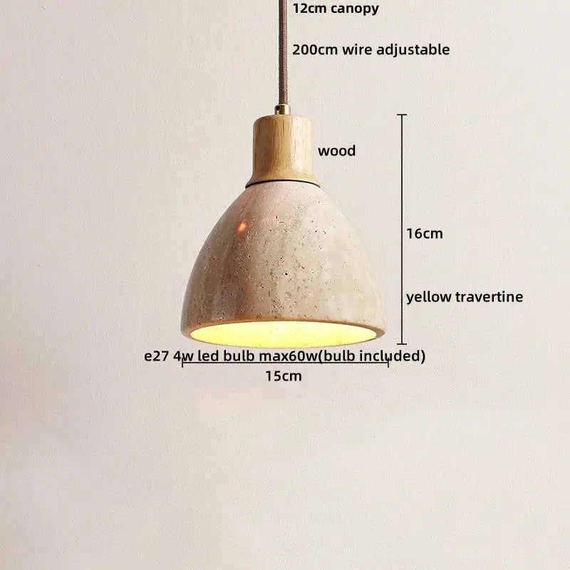 Modern off white cave stone led pendant light with wooden canopy and yellow travertine shade by decorbites cave stone