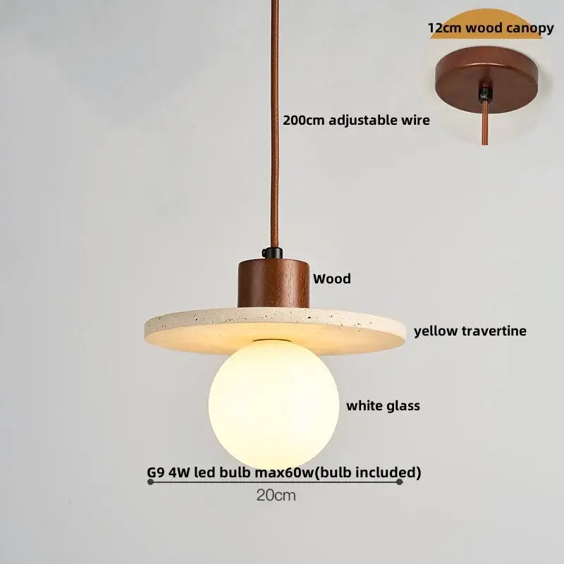 Modern pendant light with warm wood canopy, yellow travertine cave stone led shade, and smooth white glass globe bulb
