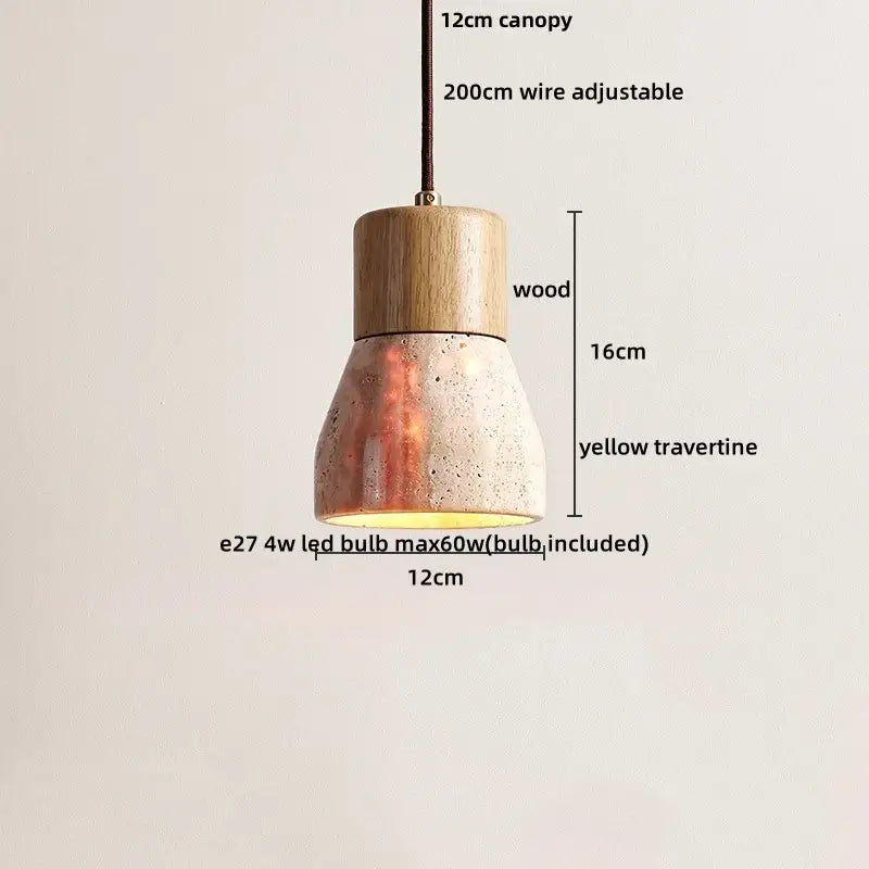 Modern pendant light with wooden canopy and textured yellow travertine shade decorbites cave stone led for dining room decor