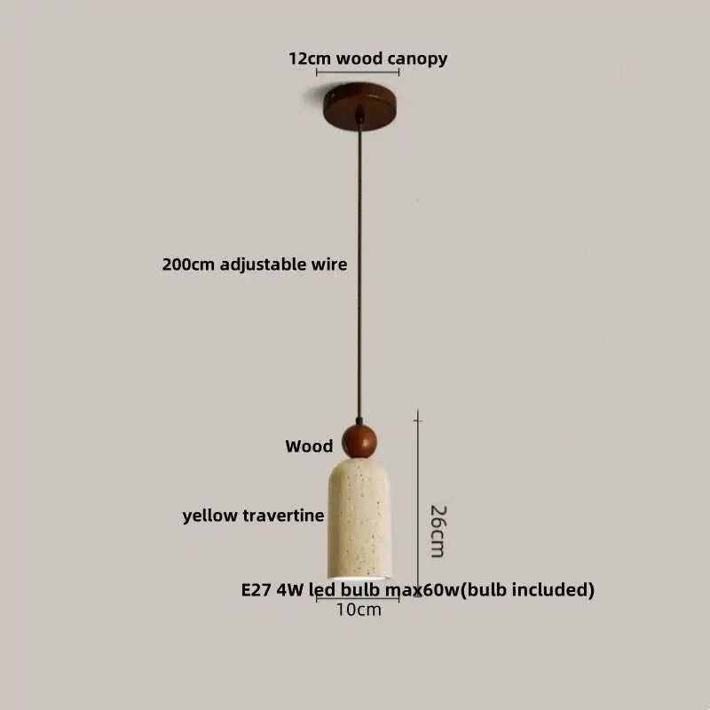 Modern off-white travertine adjustable led pendant light with wooden canopy and yellow shade for dining room decorbites adjustable led