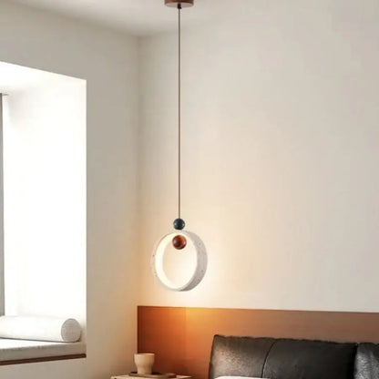 Modern off-white travertine adjustable led pendant light with white ring and blue copper accents for dining room decorbites adjustable led
