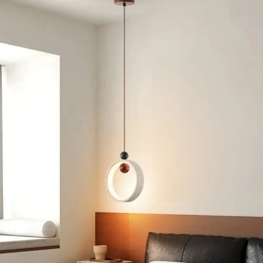 Modern off-white travertine adjustable led pendant light with white ring and blue copper accents for dining room decorbites adjustable led
