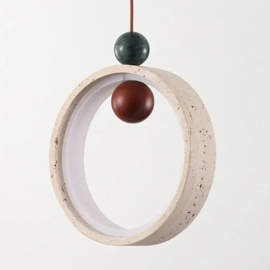 Minimalist off-white travertine adjustable led pendant light with matte beige concrete, dark green stone, and wood beads decorbites