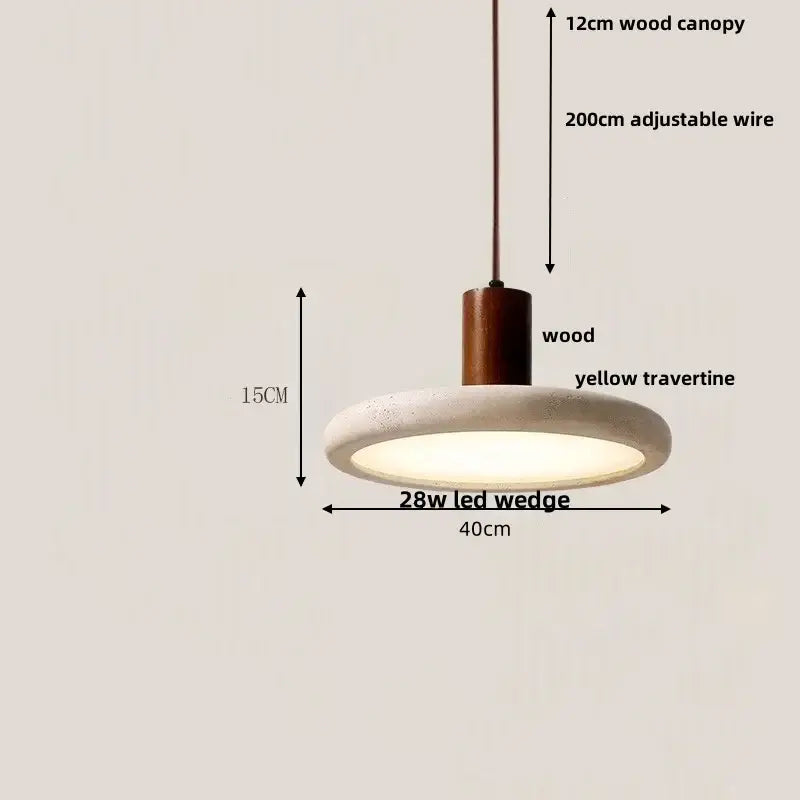 Modern off-white travertine adjustable led pendant light with yellow disc and wood canopy by decorbites for dining room decor
