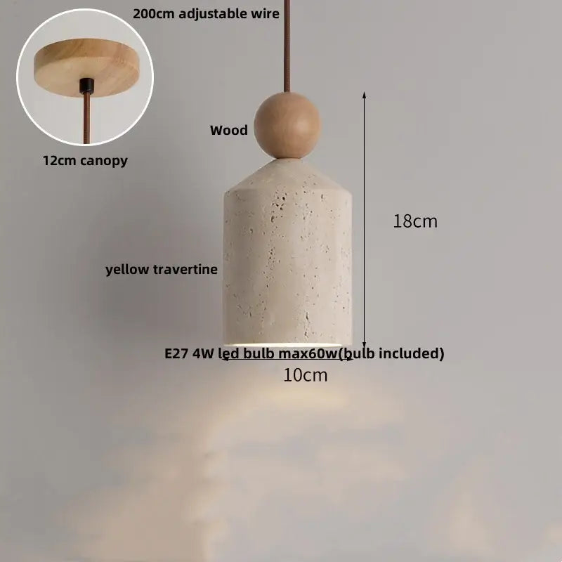Modern off-white travertine pendant light with cylindrical yellow body and wooden sphere by decorbites adjustable led pendant