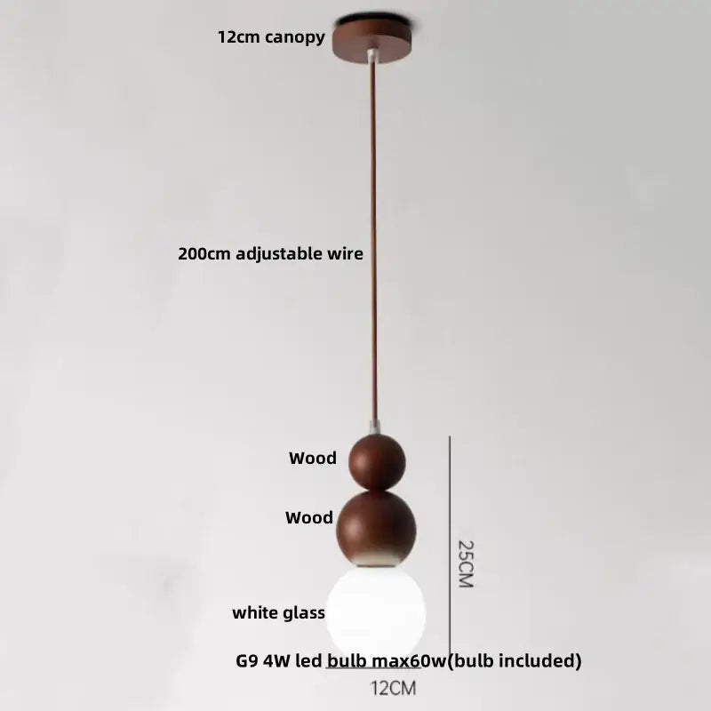 Modern off-white travertine adjustable led pendant light with dark brown wooden spheres and white glass globe decorbites adjustable led pendant