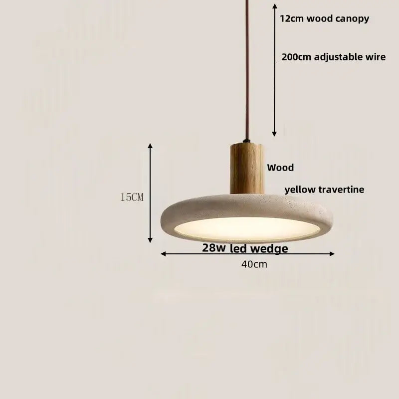 Modern off-white travertine adjustable led pendant light with yellow travertine disc shade and wood canopy decorbites adjustable led