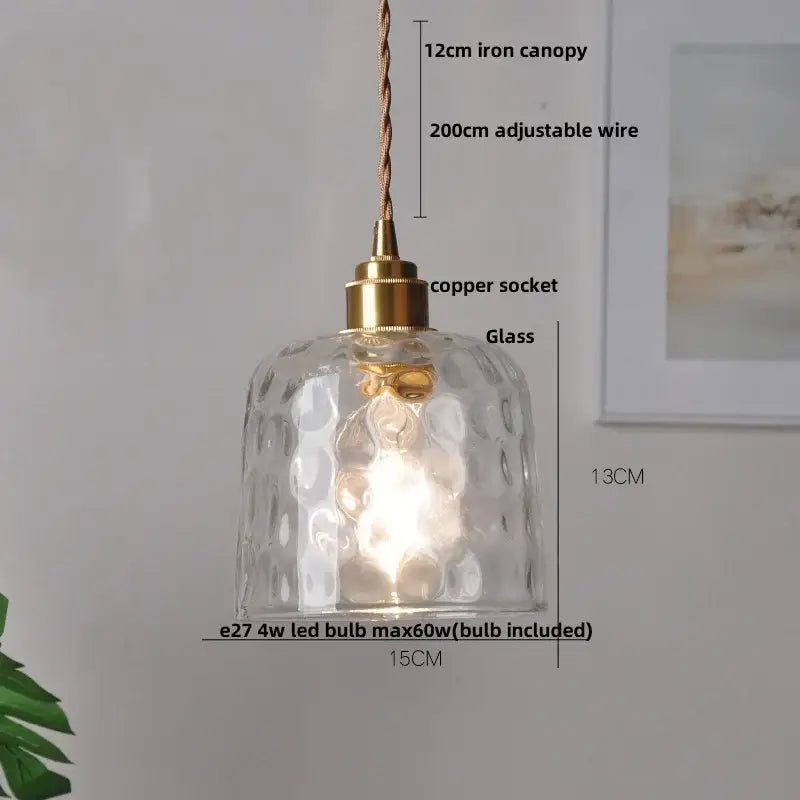Modern olive green and copper glass led pendant lamp with clear hammered glass, brass copper socket, and iron canopy