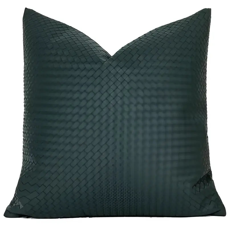 Dark green woven-textured pillow cover made of geometric faux leather for modern olive green decorbites pillow cover