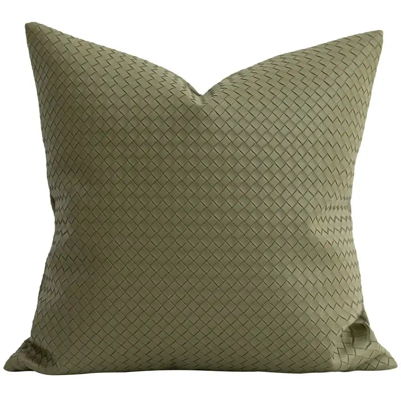 Modern olive green geometric faux leather pillow cover with a textured woven pattern for living room decorbites decor