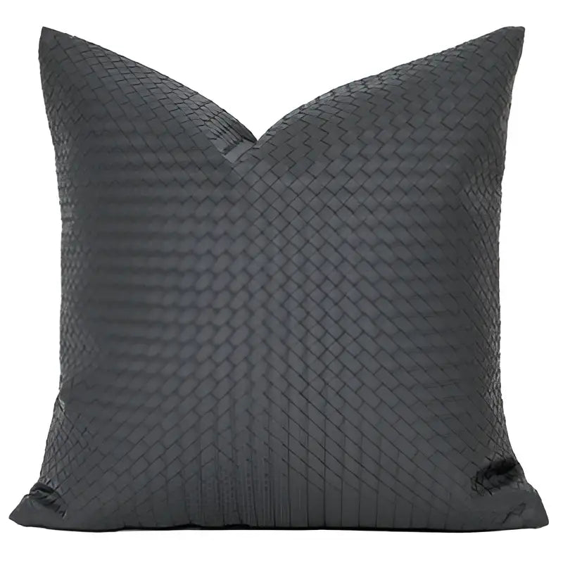 Dark gray woven throw pillow with textured interlaced fabric pattern for modern olive green geometric faux leather pillow cover decorbites