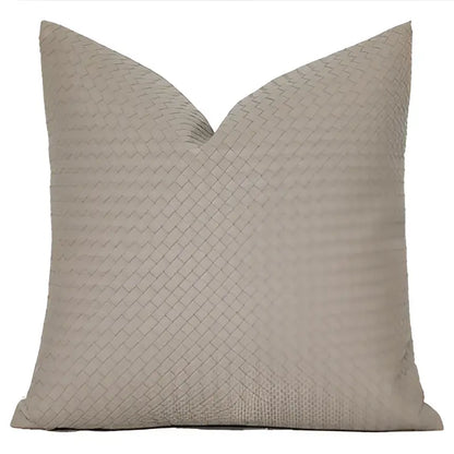 Beige woven fabric throw pillow with textured interlaced pattern for modern olive green geometric faux leather pillow cover decorbites