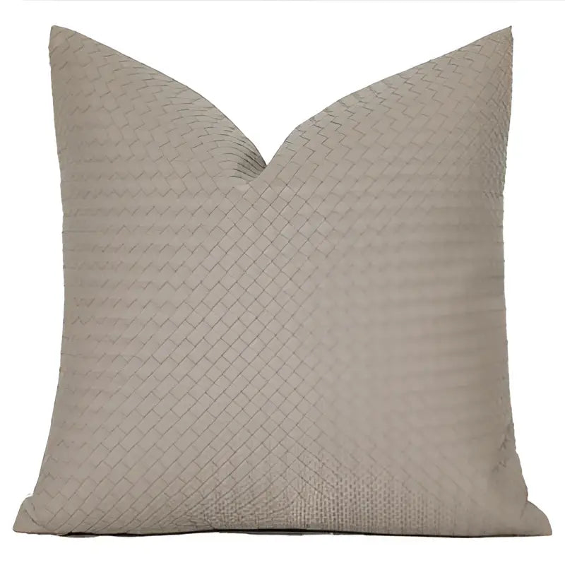 Beige woven fabric throw pillow with textured interlaced pattern for modern olive green geometric faux leather pillow cover decorbites