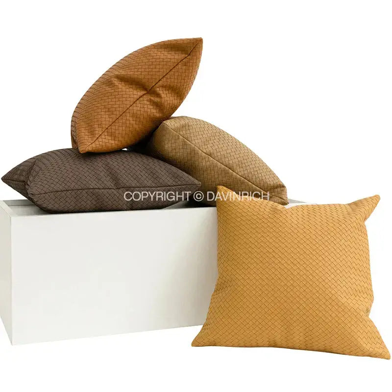 Set of four modern olive green geometric faux leather pillow covers with woven basketweave texture for living room decorbites decor