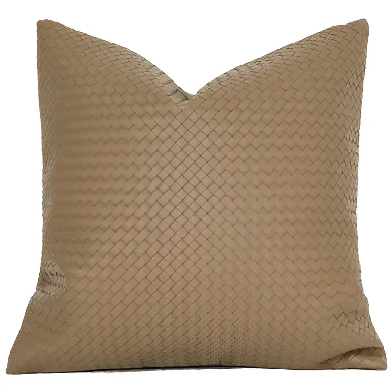 Tan woven fabric pillow with textured interlaced pattern for modern olive green geometric faux leather pillow cover decorbites