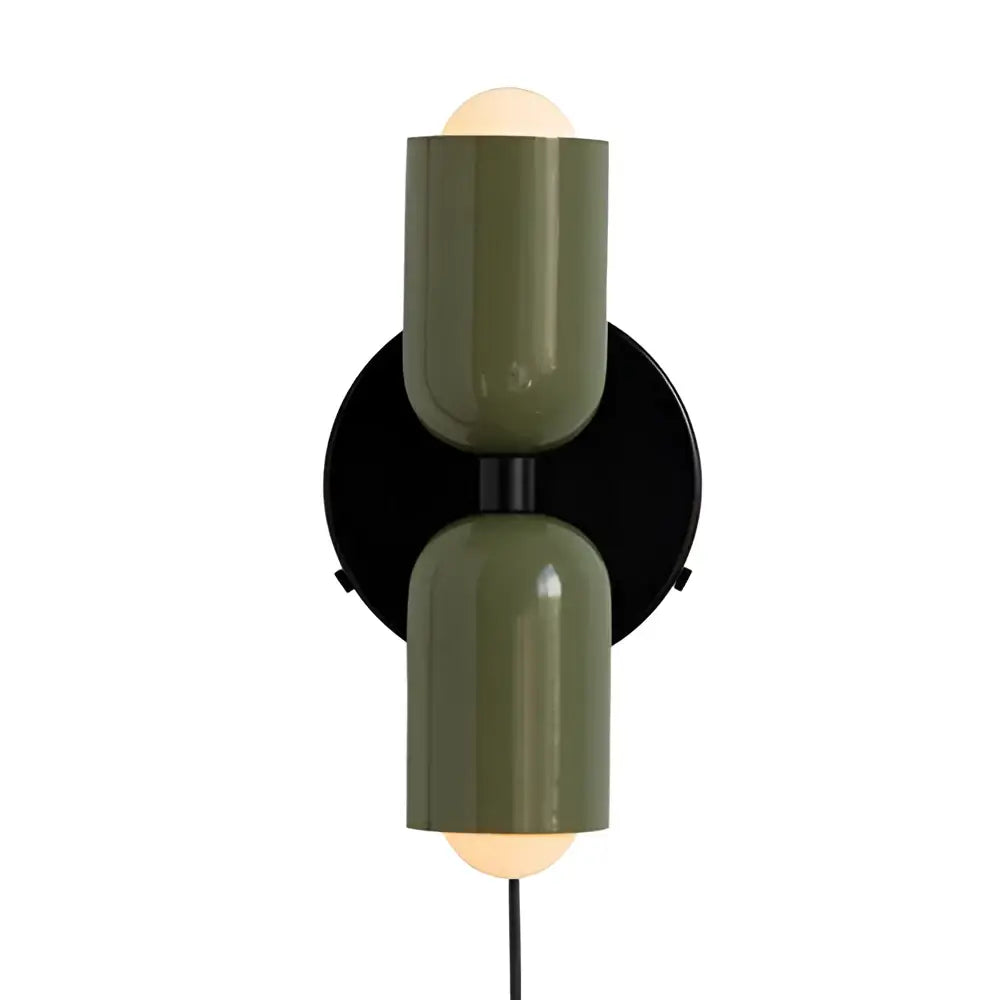 Modern olive green cylindrical wall lamps with black circular backplate and cream double head illuminated bulbs for bedroom decorbites cream double