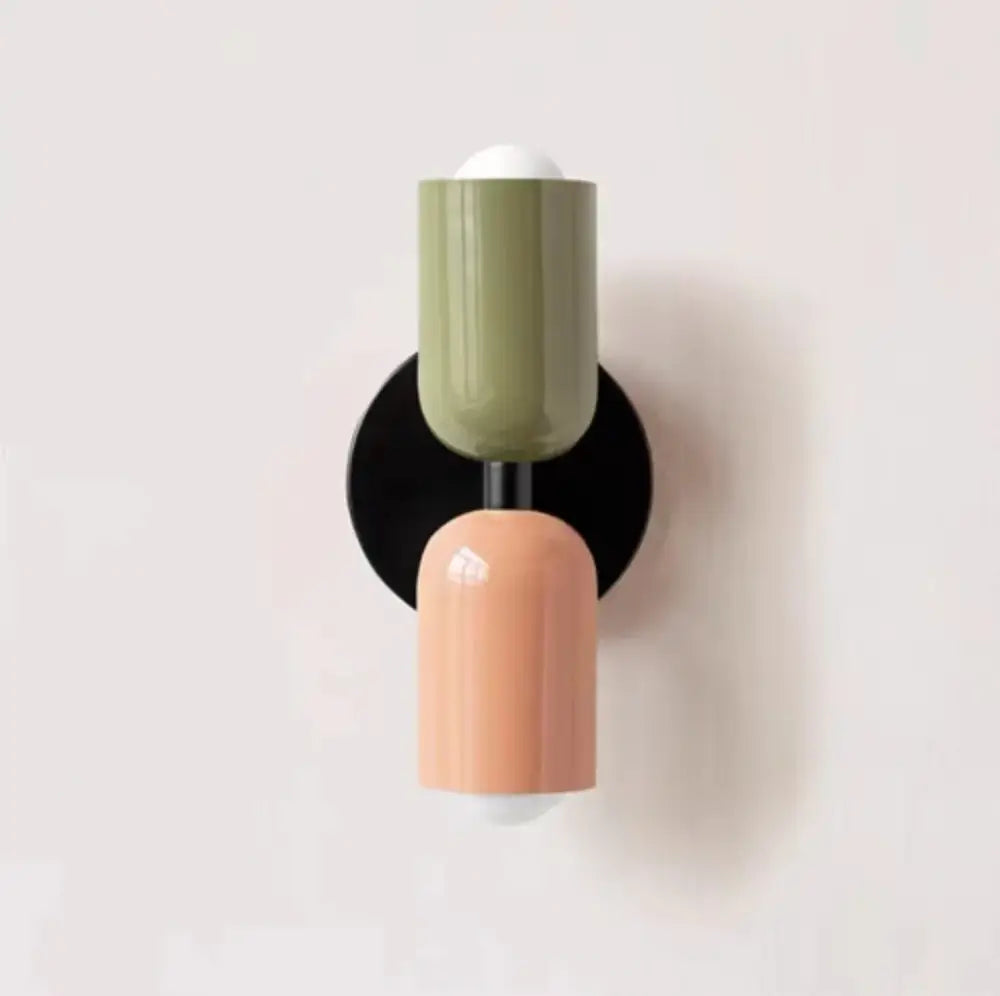 Modern olive green and terracotta cream double head wall lamps with two-tone cylindrical shades on black base for decorbites cream double