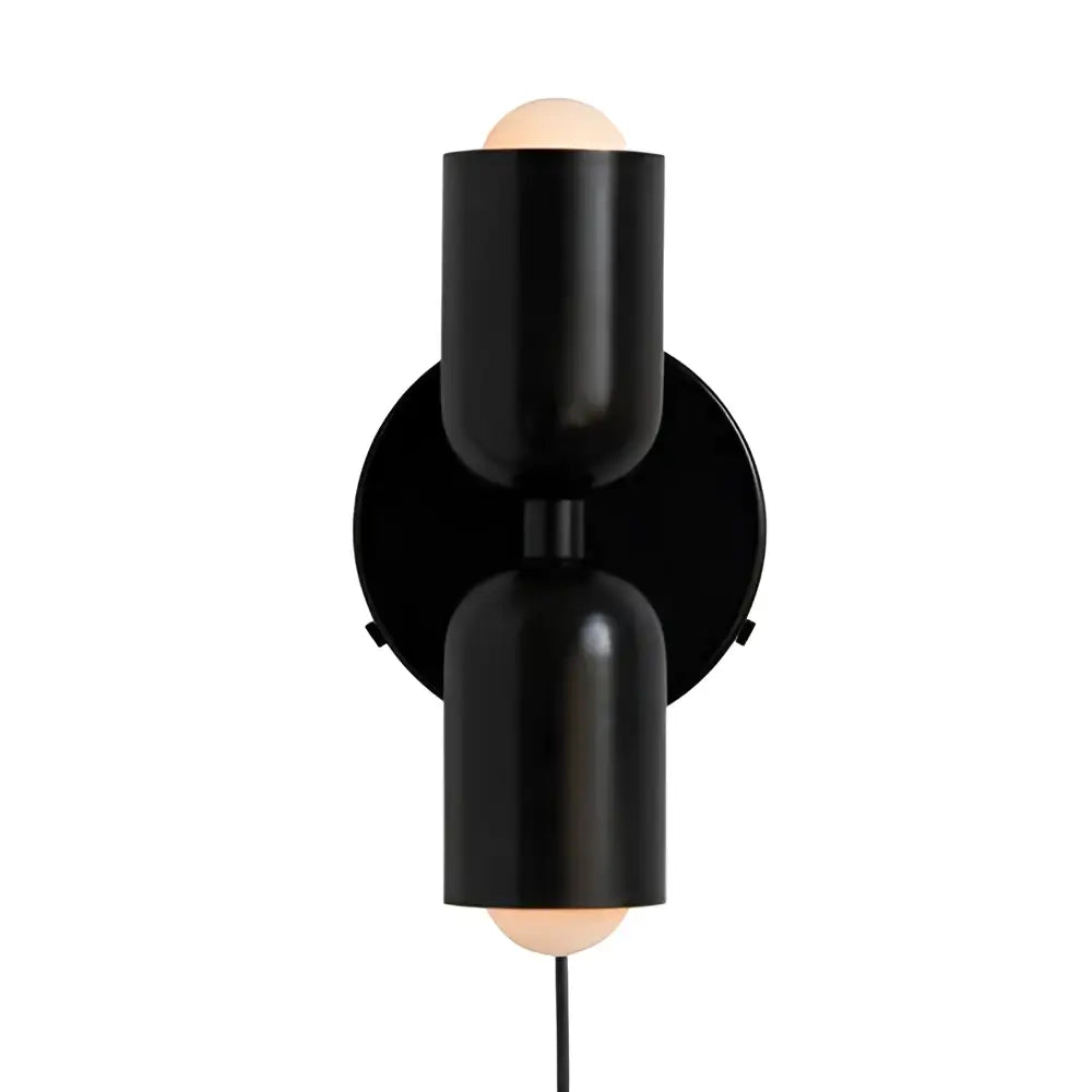Black cylindrical wall lamp with cream double head light fixtures and circular mounting plate for modern decorbites cream double use