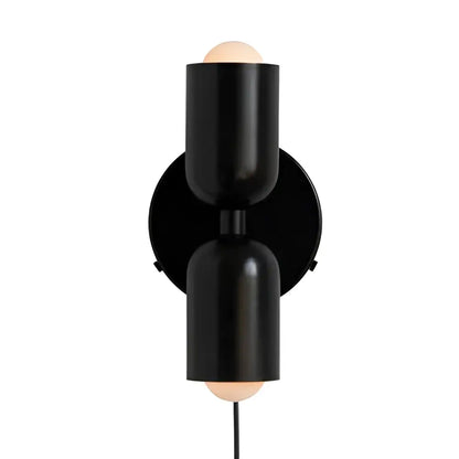 Black cylindrical wall lamp with cream double head light fixtures and circular mounting plate for modern decorbites cream double use