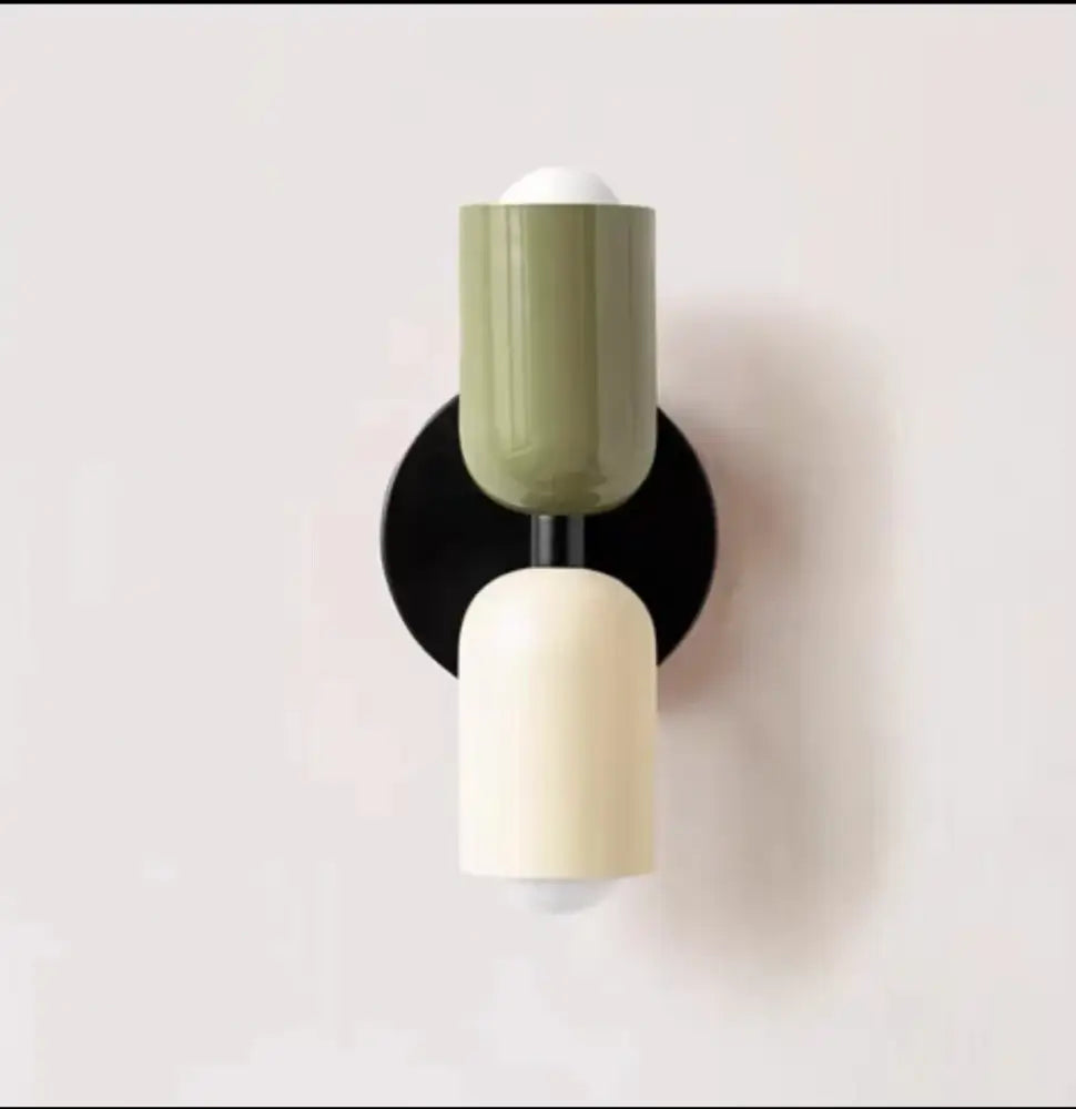 Modern olive green and terracotta cream double head wall lamps with cylindrical shades on black base for bedroom decorbites cream double