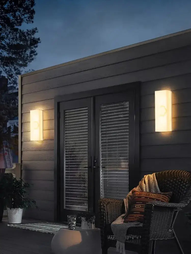 Modern onyx amber geometric led outdoor wall sconce with warm rectangular decorbites geometric led design for backyard lighting